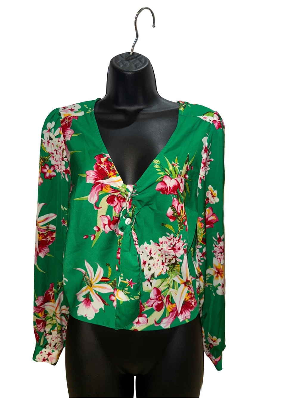 Express Green Floral V-Neck Tie-Front Blouse
